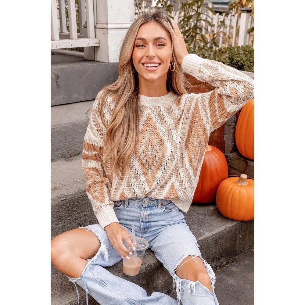 Diamond Pattern Knit Sweater Pullover Crewneck‎ Fall Toned Cozy